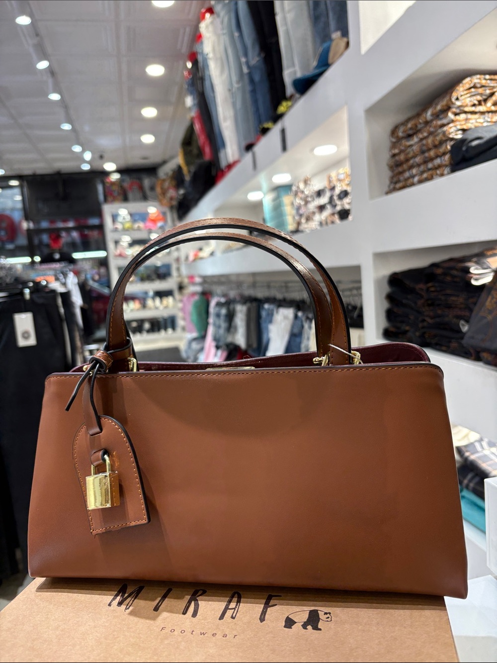 Brown Leather Tote Handbag with Gold Lock -